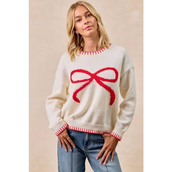 Ivory Bow Drop Shoulder Sweater