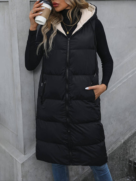 Black Hooded Long Vest Jacket