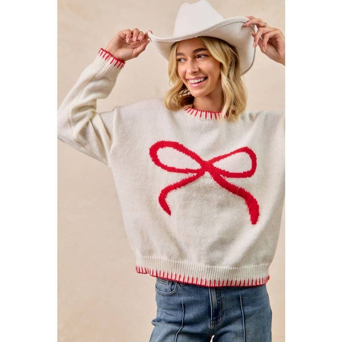 Ivory Bow Drop Shoulder Sweater