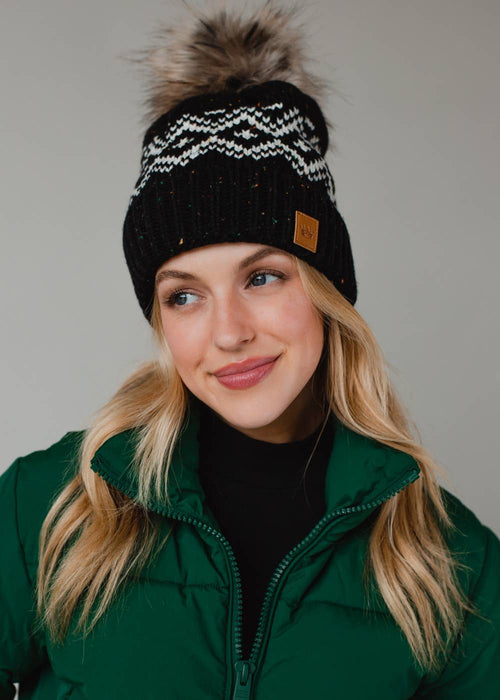 Black Patterned Pom Hat