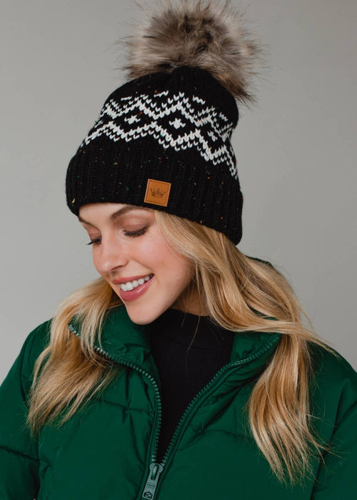 Black Patterned Pom Hat