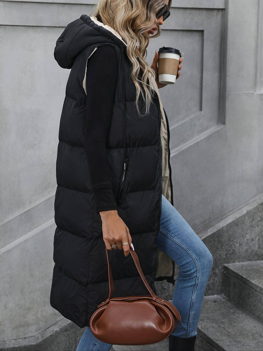 Black Hooded Long Vest Jacket