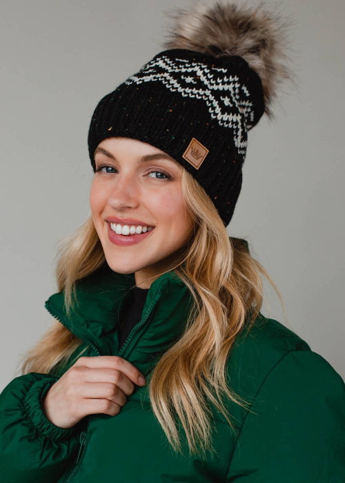 Black Patterned Pom Hat