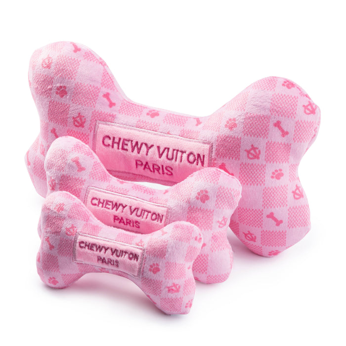 Lg Pink Checker Chewy Vuiton Bone Dog Toy