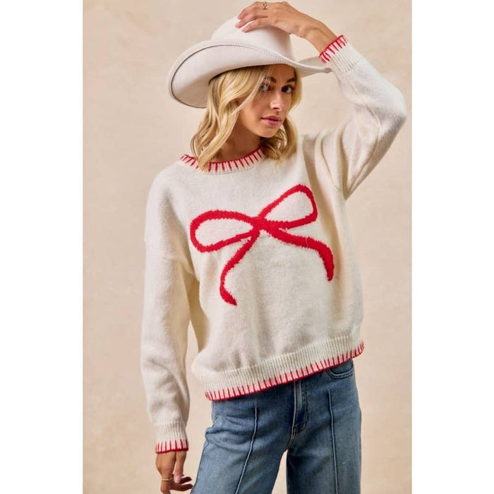 Ivory Bow Drop Shoulder Sweater