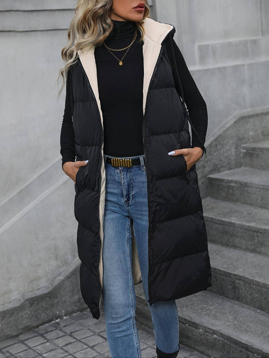 Black Hooded Long Vest Jacket