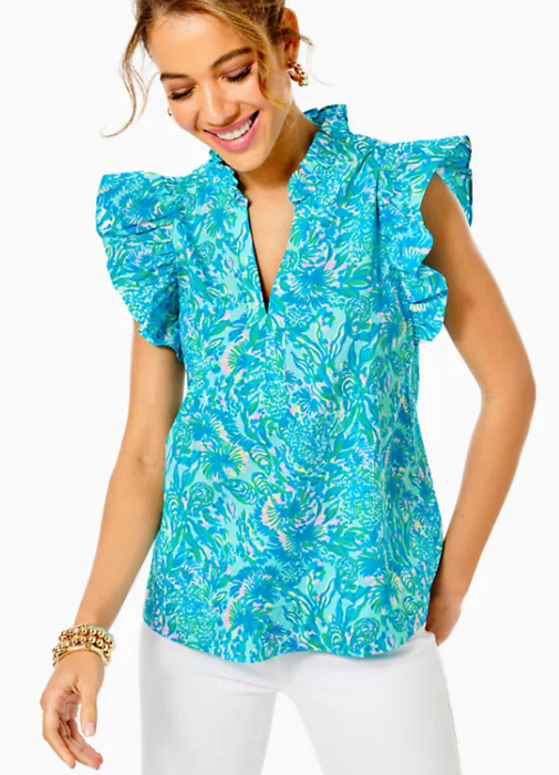 Klaudie Ruffle Sleeve Top | Surf Blue Coral of the Story