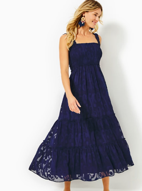 Hadly Smocked Maxi Dress | True Navy Crepe Swirl Clip