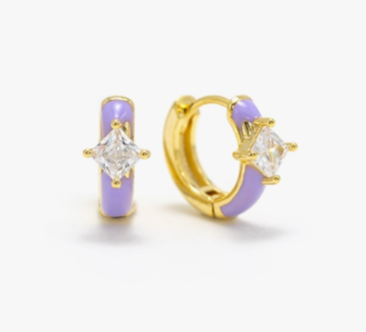 Lilac Enamel /Crystal Huggie Hoops