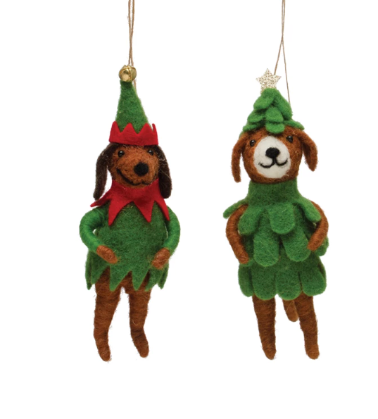 Felt Dog w/Tree Hat Ornament