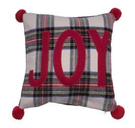 18" Joy Plaid Pom Pillow