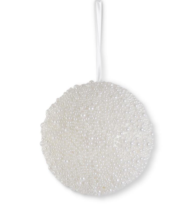 6" Round White Pearl Beaded Ornament