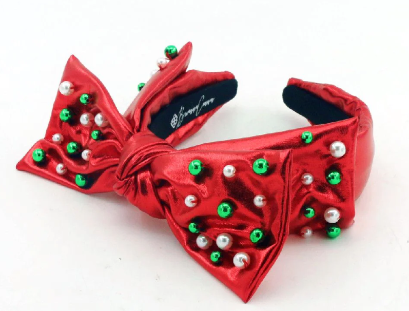 Child Red Christmas Bow Headband w/Beads