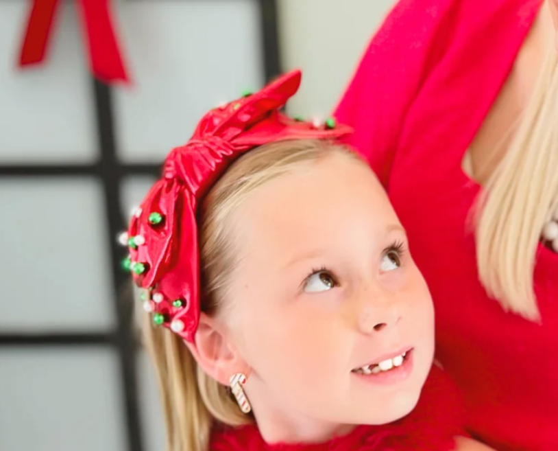 Child Red Christmas Bow Headband w/Beads