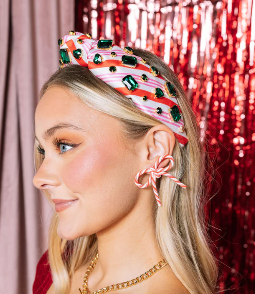 Red/Pink Candy Cane Headband w/Green Crystals