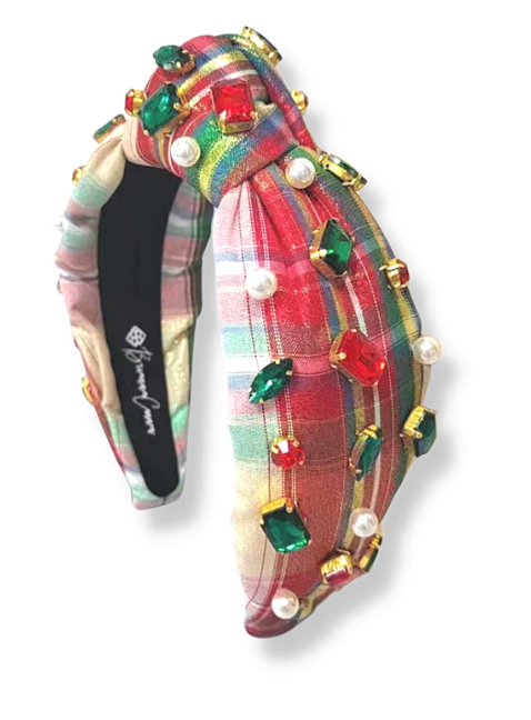 White Tartan Plaid Headband w/Crystals