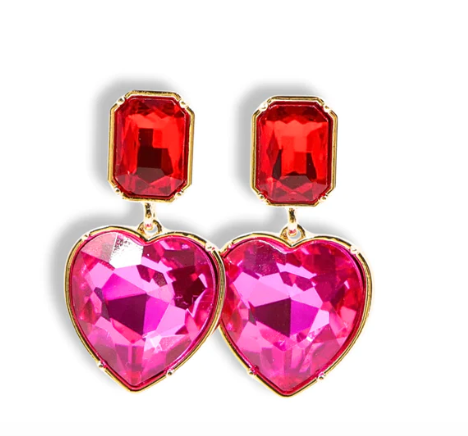 Pink Crystal Heart w/Crystal Top Earrings