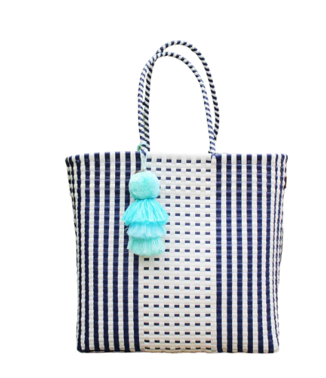 Large Tote | Preppy White and Blue