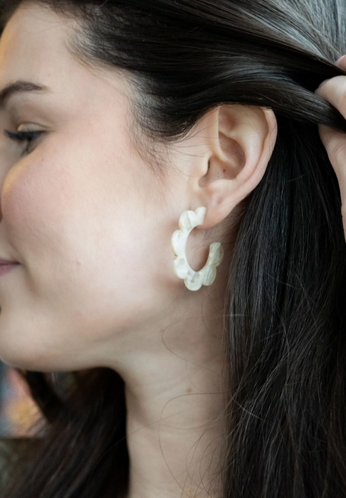 Cream Flora Hoop Earrings