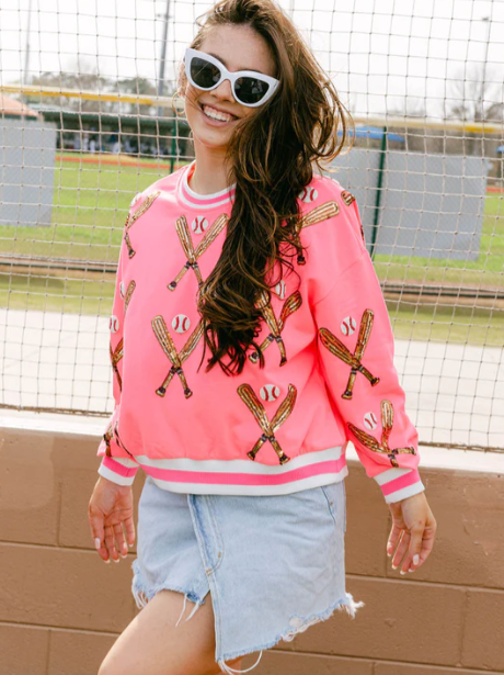 Queen of Sparkle Neon Pink Scattered Baseball Bat Sweatshirt