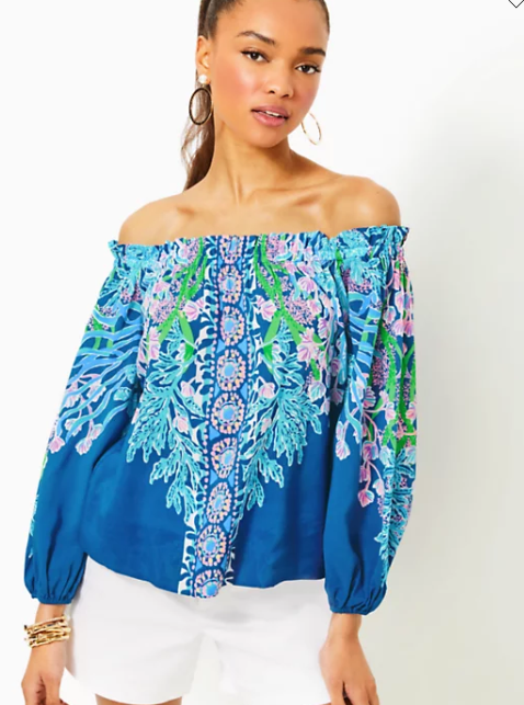 Aimes Off Shoulder Top | Barton Blue Seacret Escape Engineered Woven Top
