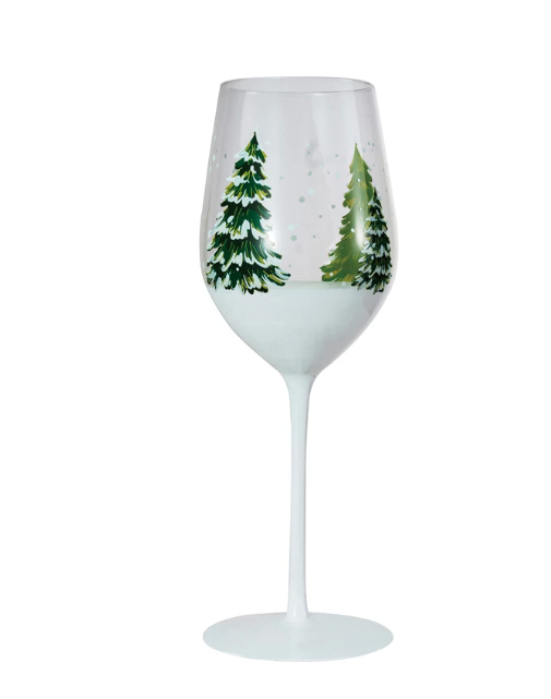 Tree w/Snow Hand Painted Stemmed Wine Glass