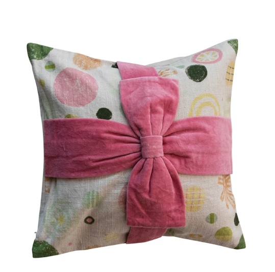 18" Printed Pillow w/Pink Velvet Bow