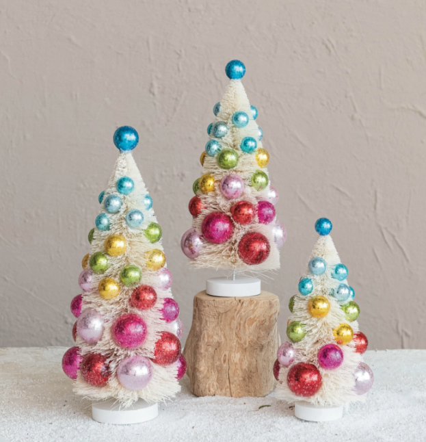 9" Cream Bottle Brush Tree w/Ornaments | Small