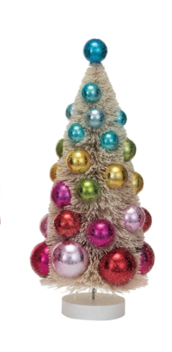 11" Cream Bottle Brush Tree w/Ornaments | Medium