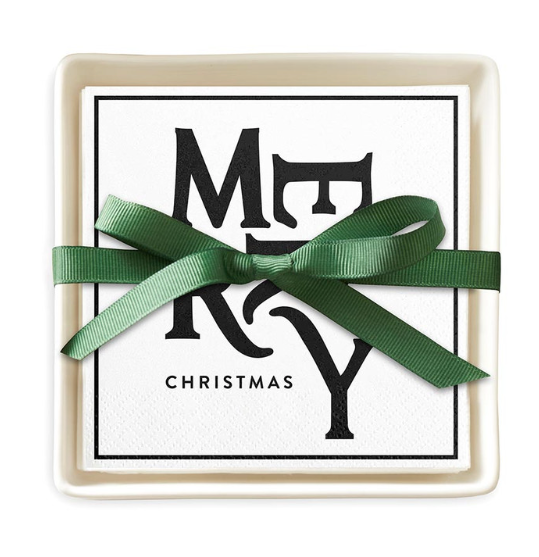 Merry Christmas Cocktail Napkin in Ceramic Tray
