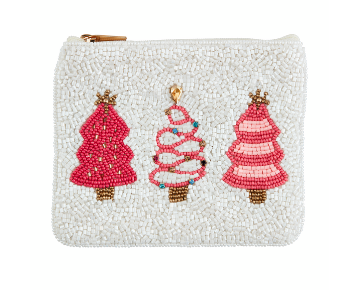Pink Trees Holiday Beaded Coin Purse