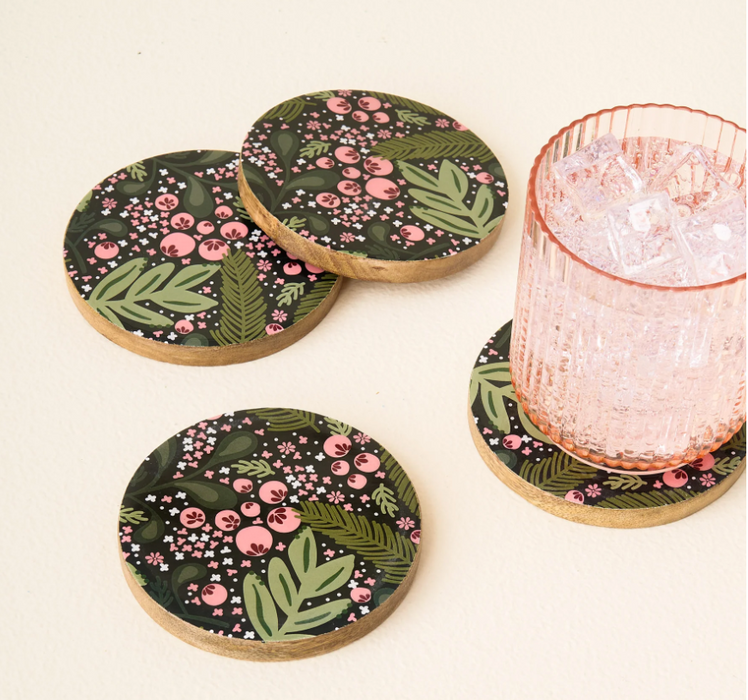 Green Jolly Sprig Wood Coaster Set