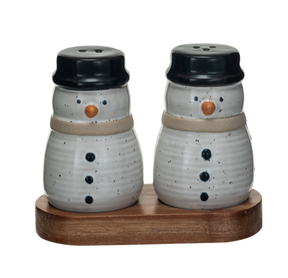 Stoneware Snowmen Salt & Pepper Set w/Tray