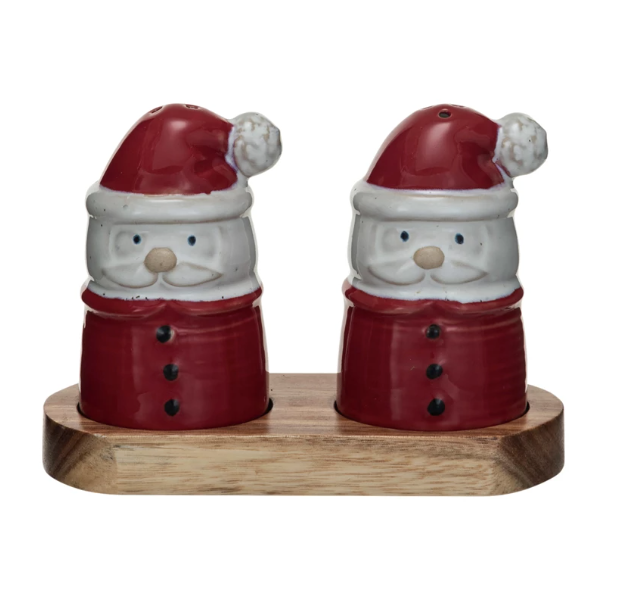 Stoneware Santa Salt & Pepper Set w/Tray