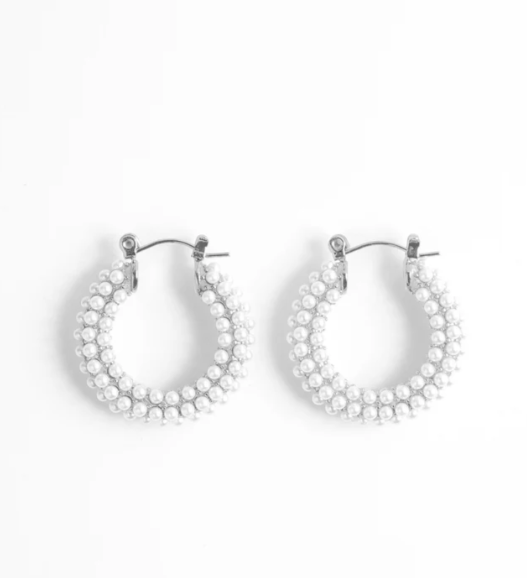 Audrey Silver Pearl Water-Resistant Hoops