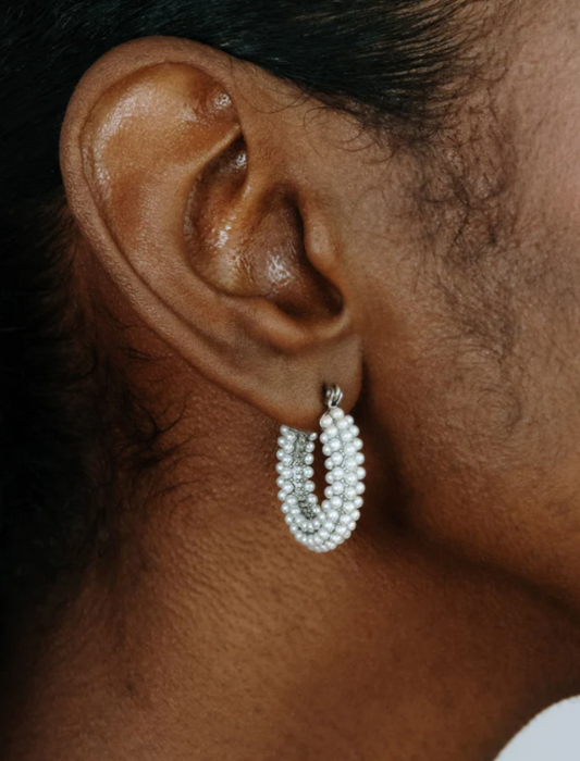 Audrey Silver Pearl Water-Resistant Hoops