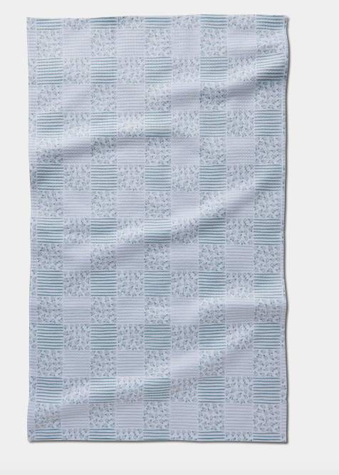 Geometry Tea Towel | Mini Flowers and Stripes Check Green