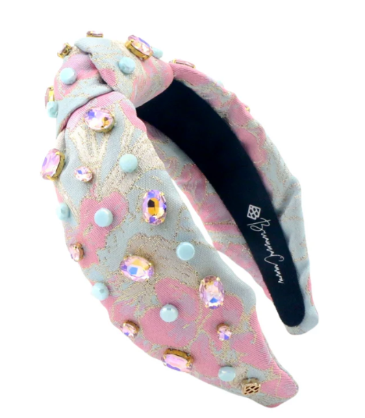 Pink & Blue Brocade Headband w/Crystals and Stones