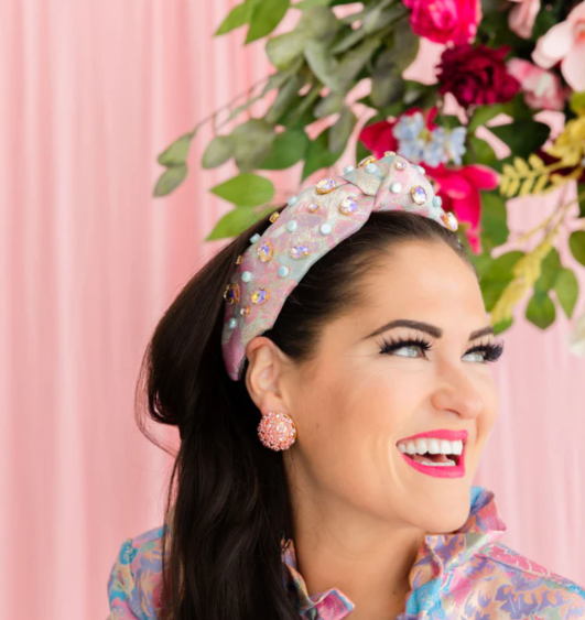 Pink & Blue Brocade Headband w/Crystals and Stones