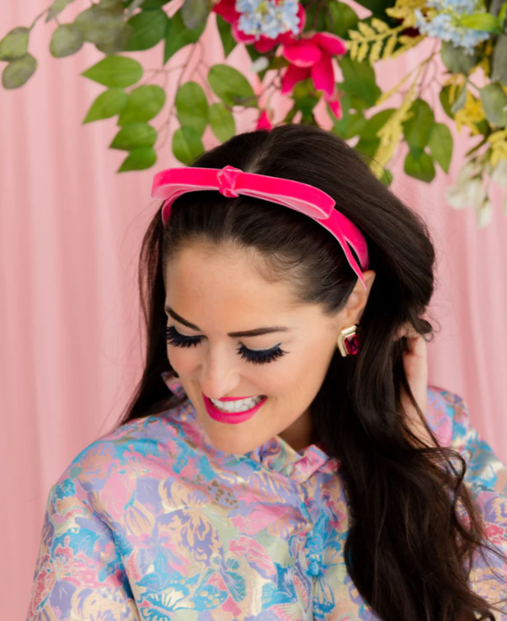 Thin Hot Pink Velvet Ribbon Bow Headband