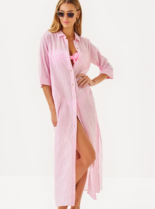 Natalie Maxi Coverup | Conch Shell Pink Ltwt Oxford Stripe
