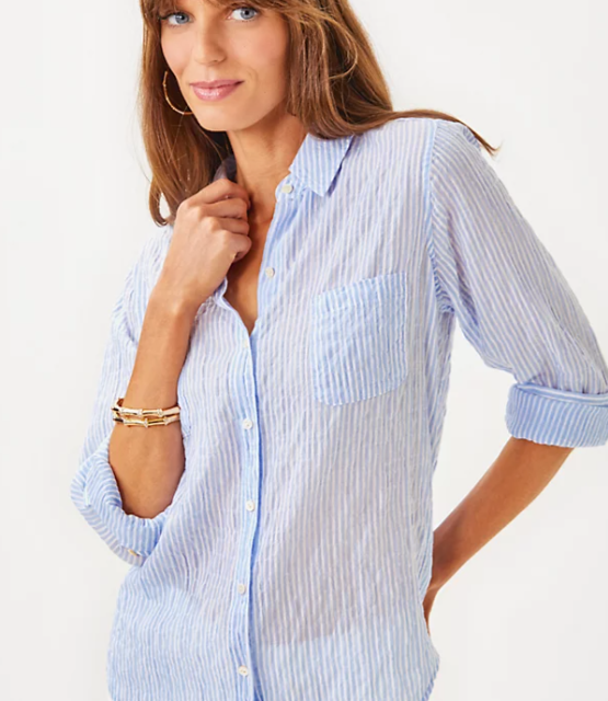 Sea View Button Dow | Jacaranda Blue Ltwt Oxford Stripe