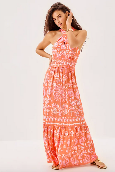 Montecito Halter Dress | Papaya Breezy Palm Engineered