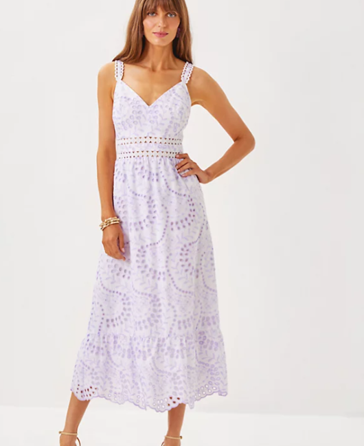 Tiah Midi Dress | Water Hyacinth Dancing Daisies Eyelet