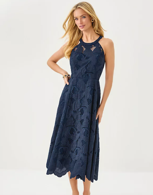 Denise Lace Halter Dress | Low Tide Navy Sway With Me Scalloped Lace