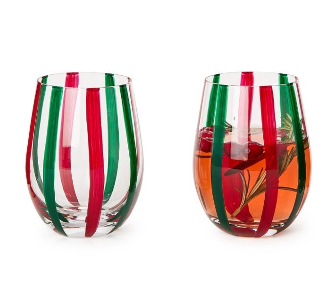 Red/Green Stripe Stemless Wine Glass