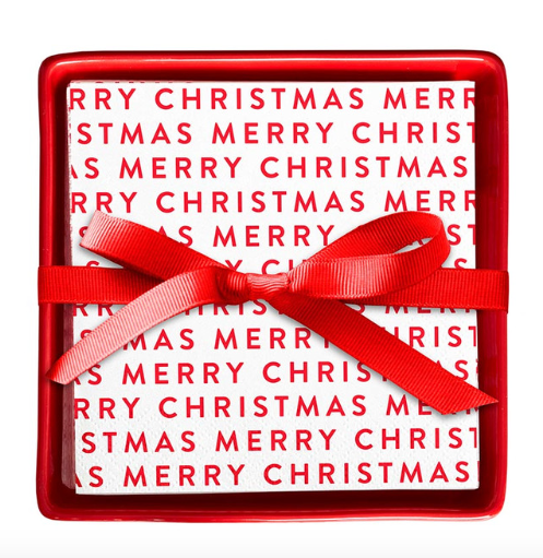 Merry Christmas Repeat Cocktail Napkin and Holder Set