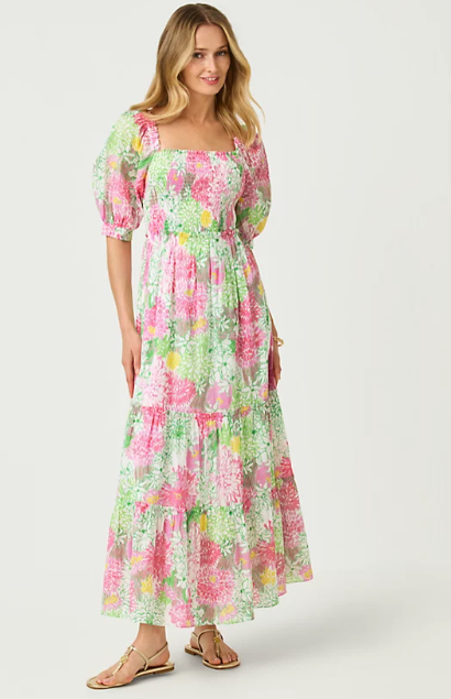 Hadley SS Smocked Maxi Dress | Resort White Mum Patch