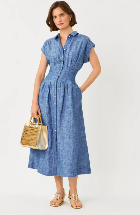 Tonya Linen Midi Shirtdress | Starlight Navy X Resort White