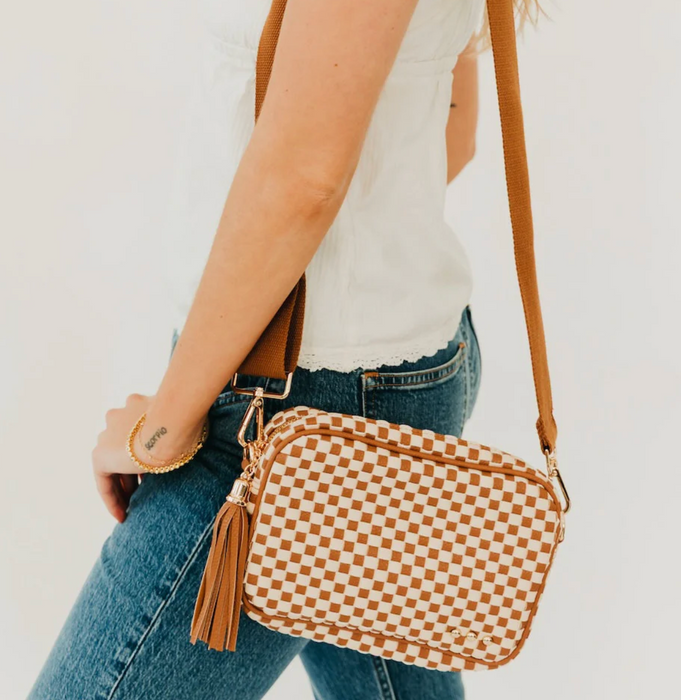 Woven Willow Camera Crossbody | Checkered Brown